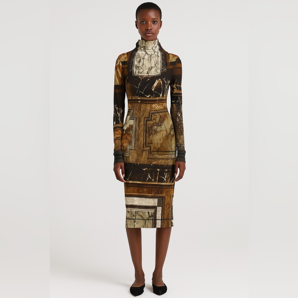 Jean Paul Gaultier Maille Femme Fuzzi Vintage Mesh Dress Brown Marble Medium 90s